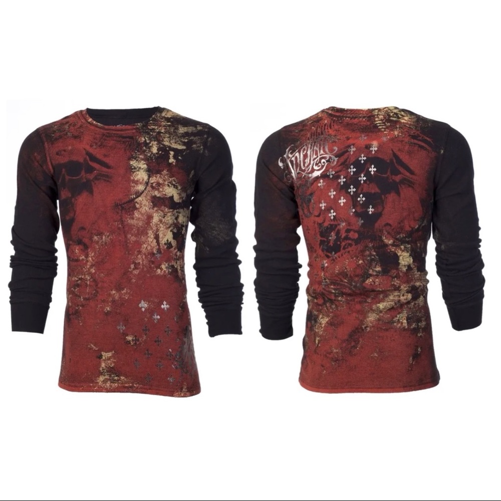 Archaic by Affliction Men's Thermal Shirt BRASS Skull Biker Black - Picture 1 of 9